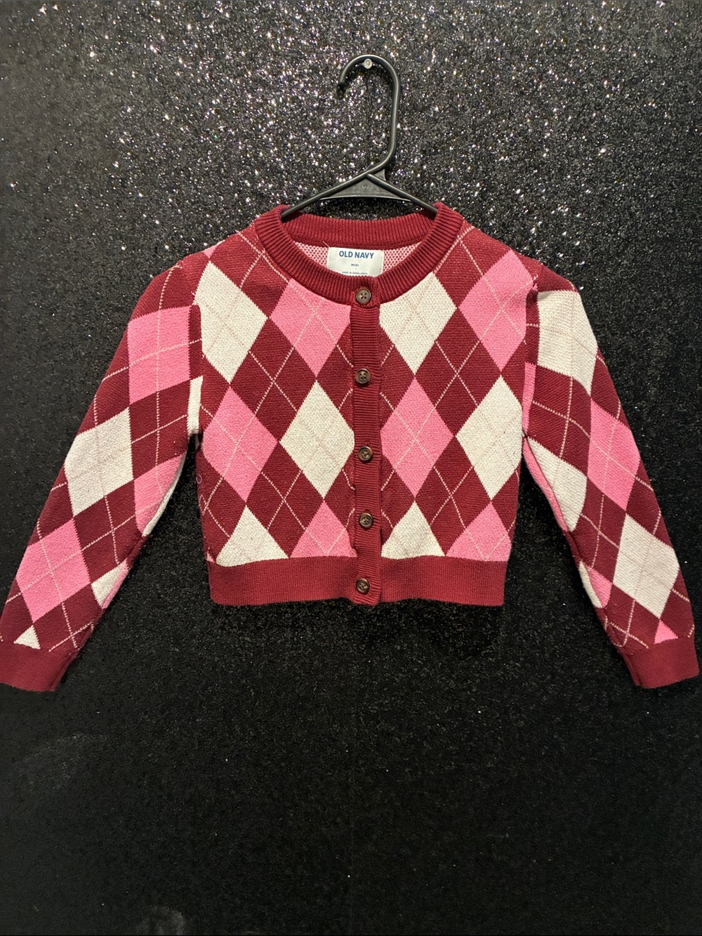 Old Navy Girls' Maroon, Pink & Cream Argyle Button-Up Cardigan